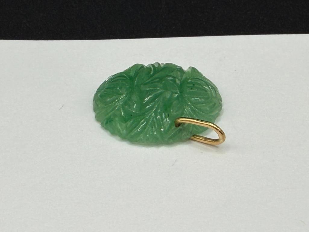 ASIAN CARVED GREEN JADEITE FLORAL DESIGN PENDANT WITH 14K YELLOW GOLD BAIL - 3