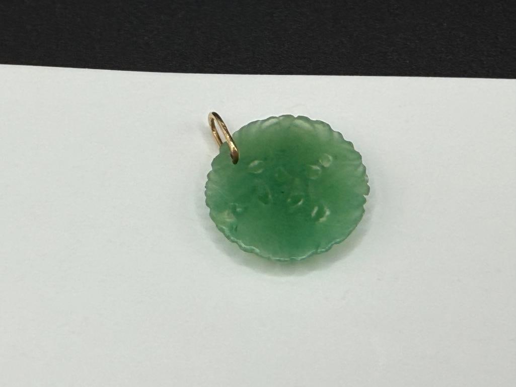 ASIAN CARVED GREEN JADEITE FLORAL DESIGN PENDANT WITH 14K YELLOW GOLD BAIL - 4