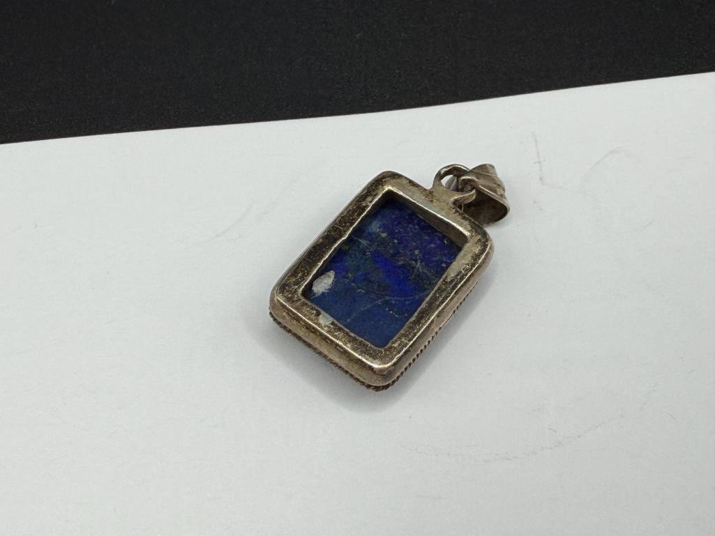 VINTAGE STERLING SILVER RECTANGULAR LAPIS PENDANT - 4