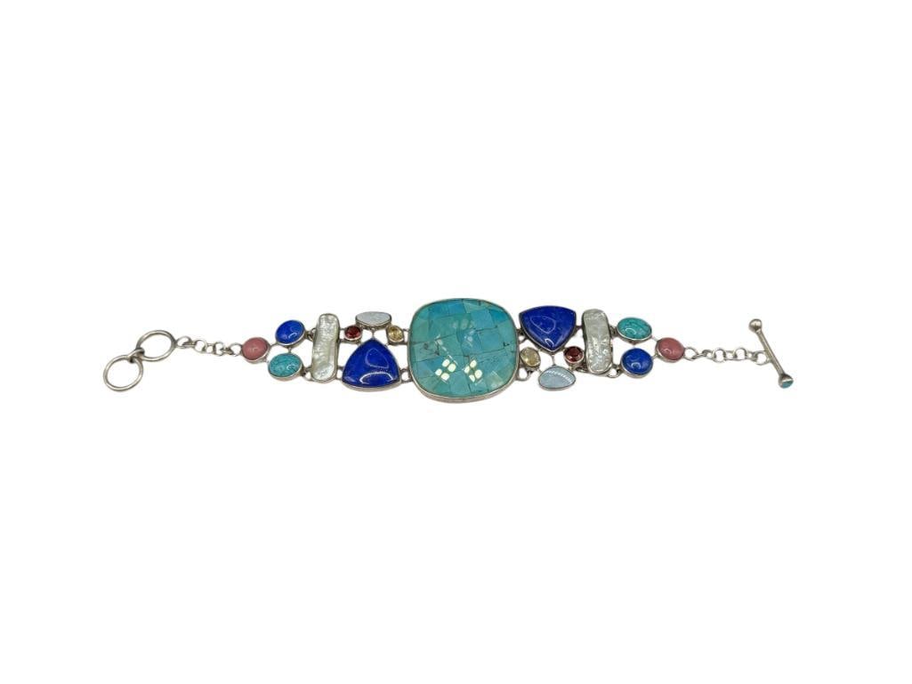 STERLING MULTI-GEMSTONE BRACELET FEATURING ART GLASS CENTER, LAPIS, TURQUOISE, PEARL, AND MORE: TOGGLE CLASP 7" OR 7 3/4", 1 3/8" CENTER ART GLASS, 37.33 GRAMS