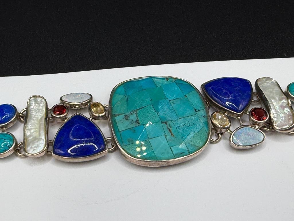 STERLING MULTI-GEMSTONE BRACELET FEATURING ART GLASS CENTER, LAPIS, TURQUOISE, PEARL, AND MORE - 2