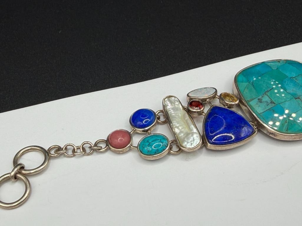STERLING MULTI-GEMSTONE BRACELET FEATURING ART GLASS CENTER, LAPIS, TURQUOISE, PEARL, AND MORE - 3