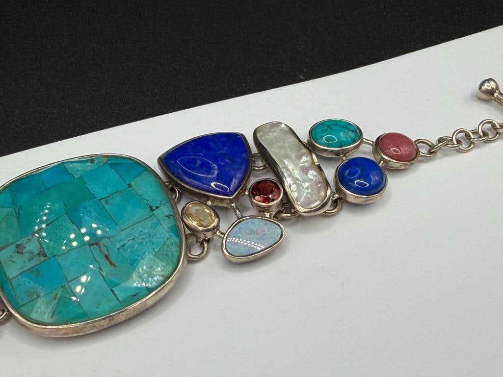 STERLING MULTI-GEMSTONE BRACELET FEATURING ART GLASS CENTER, LAPIS, TURQUOISE, PEARL, AND MORE - 4
