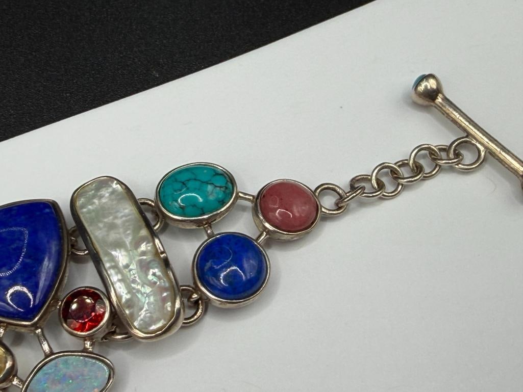 STERLING MULTI-GEMSTONE BRACELET FEATURING ART GLASS CENTER, LAPIS, TURQUOISE, PEARL, AND MORE - 5