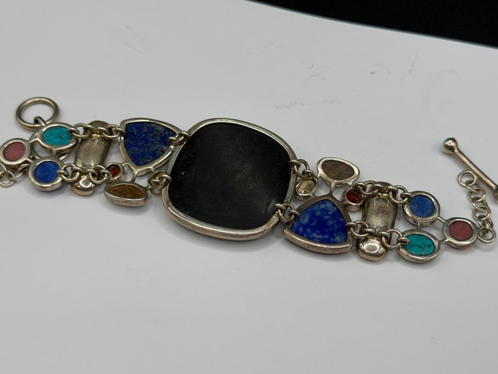 STERLING MULTI-GEMSTONE BRACELET FEATURING ART GLASS CENTER, LAPIS, TURQUOISE, PEARL, AND MORE - 6
