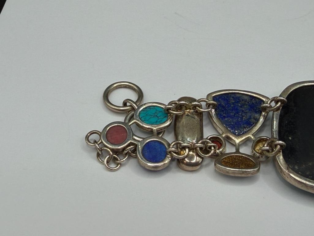 STERLING MULTI-GEMSTONE BRACELET FEATURING ART GLASS CENTER, LAPIS, TURQUOISE, PEARL, AND MORE - 7