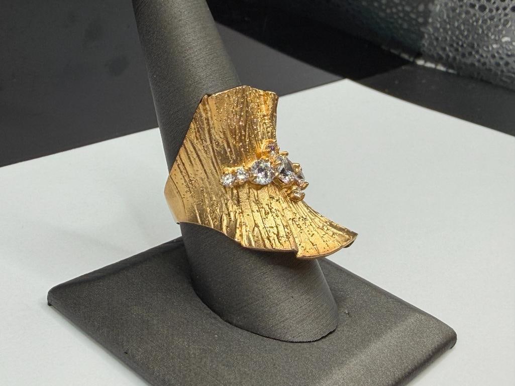 GOLD TONE STERLING SILVER DESIGNER SIGNED STERLING SILVER CZ FASHION RING - 2