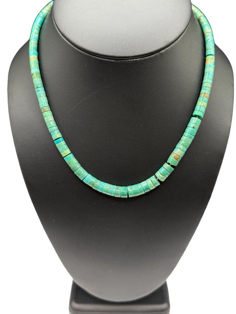 VINTAGE NAVAJO TURQUOISE HEISHI BEAD NECKLACE: GRADUATED DESIGN 16", UP TO 1/4" BEADS