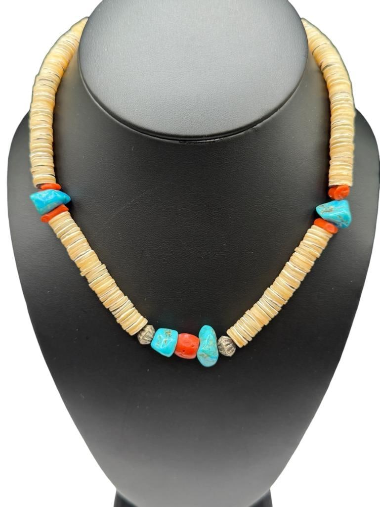 VINTAGE NAVAJO TURQUOISE AND CORAL WITH SHELL HEISHI BEAD NECKLACE (1 of 4)