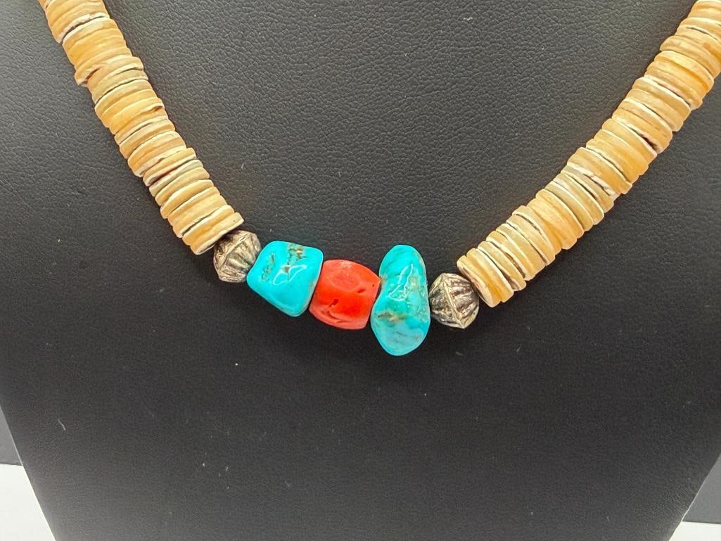 VINTAGE NAVAJO TURQUOISE AND CORAL WITH SHELL HEISHI BEAD NECKLACE - 2