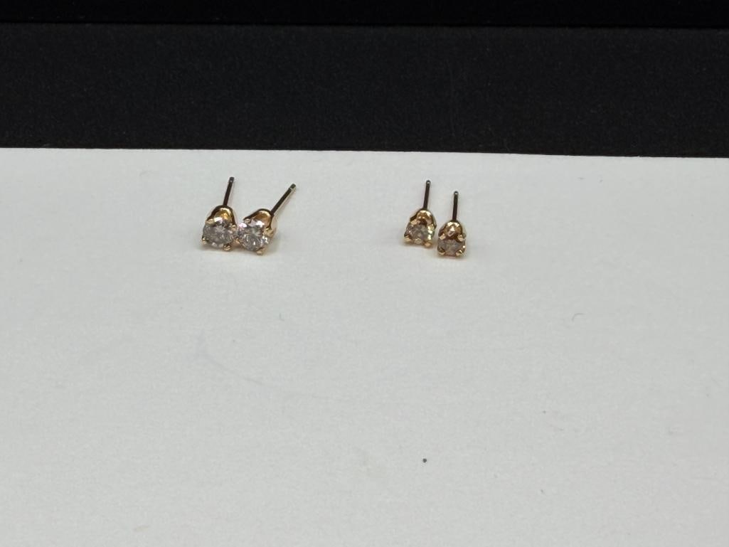 TWO PAIR OF 14K YELLOW GOLD ROUND BRILLIANT CUT DIAMOND POST EARRINGS: NO BACKS .74 GRAM, UP TO 3MM DIAMONDS / .10CT EACH