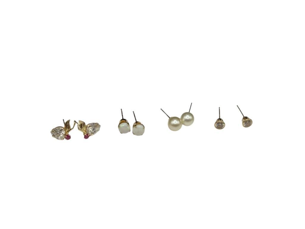 FOUR PAIRS OF 14K YELLOW GOL DPOST EARRINGS INCLUDING PEARLS, CZ'S. AND OPALS (1 of 5)