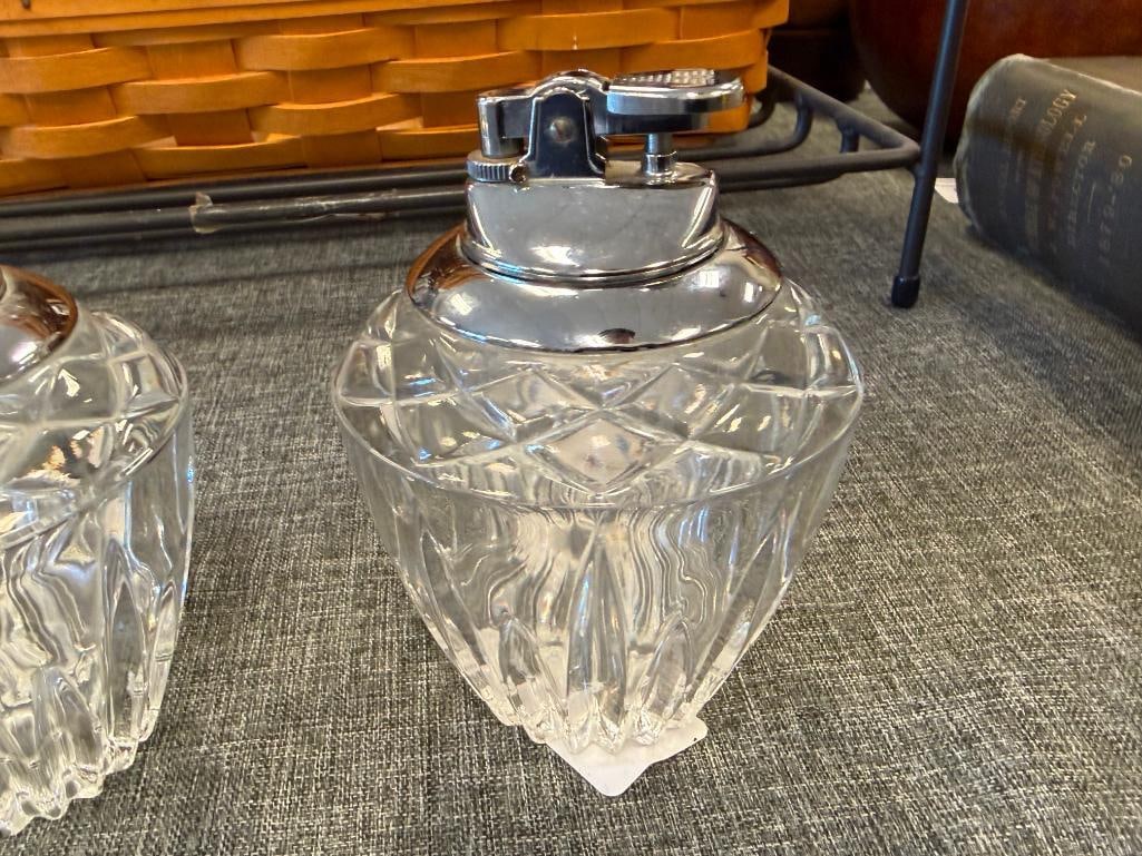 THREE VINTAGE GLASS TABLE LIGHTERS WITH CHROME TOPS INCLUDING RONSON LIGHTER - 11
