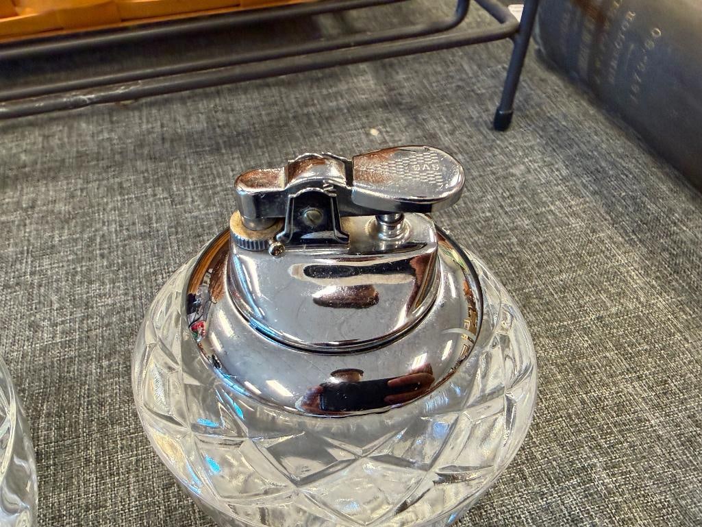 THREE VINTAGE GLASS TABLE LIGHTERS WITH CHROME TOPS INCLUDING RONSON LIGHTER - 13