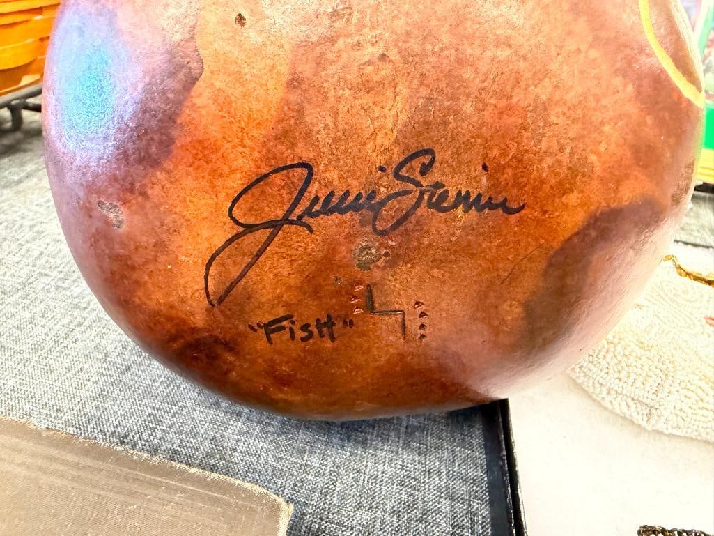 HAND CRAFTED GOURD VASE WITH FISH CARVING SIGNED BY ARTISAN - 5