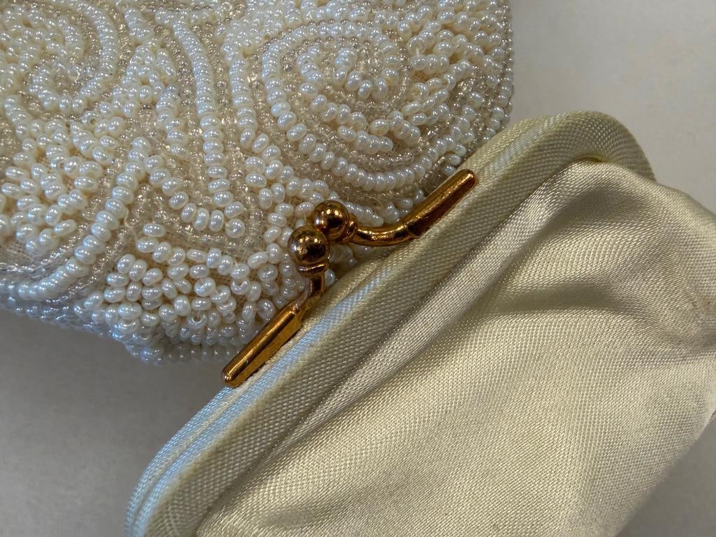 VINTAGE WALBORG BEADED PURSE AND GLASS BEADED PURSE WITH BEADED LACE FRINGE - 12