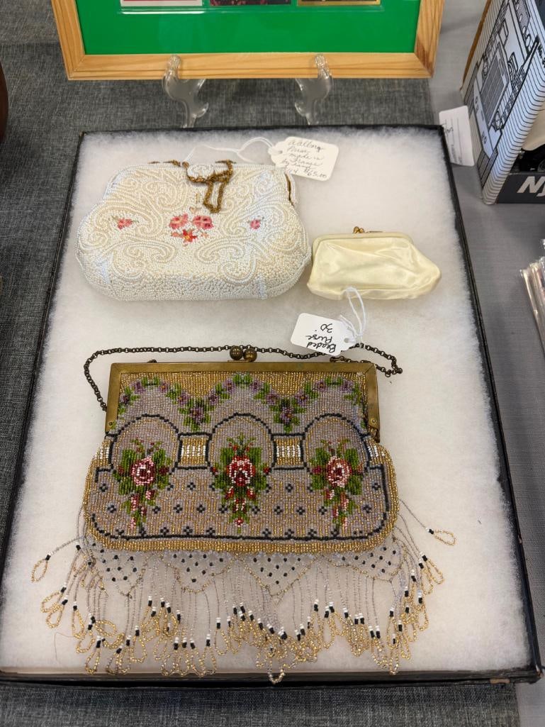 VINTAGE WALBORG BEADED PURSE AND GLASS BEADED PURSE WITH BEADED LACE FRINGE - 3