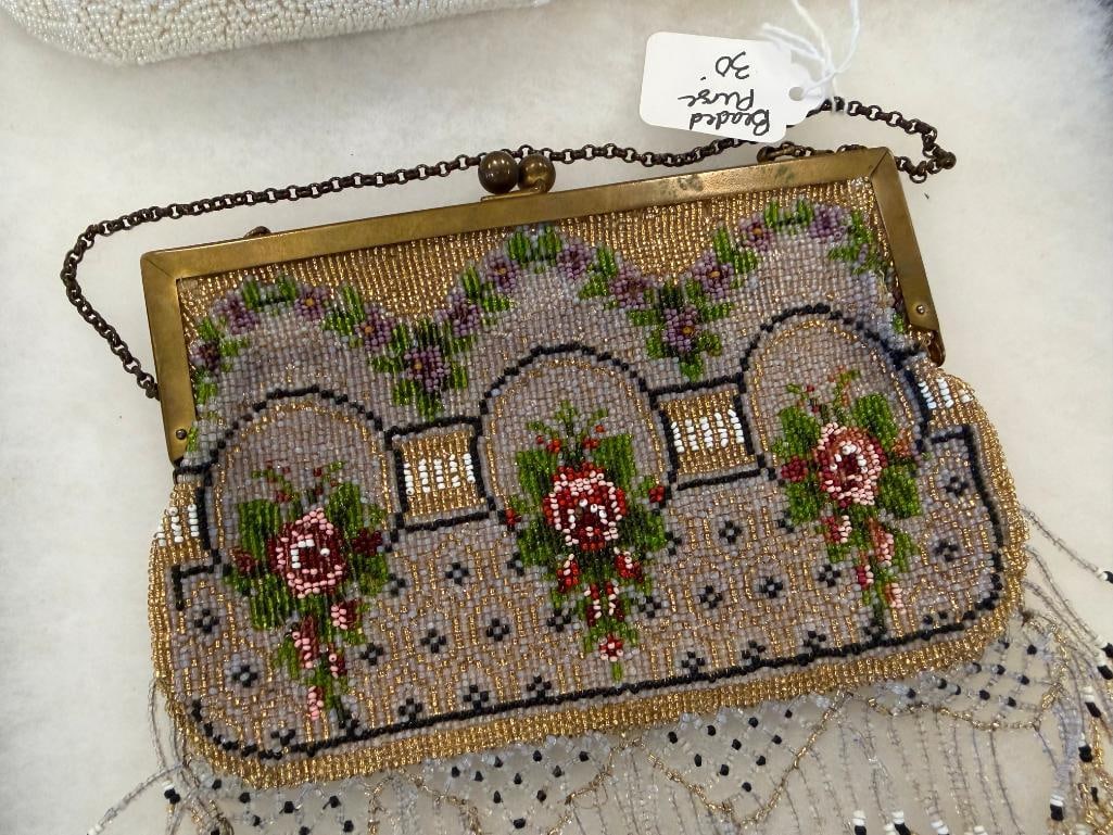 VINTAGE WALBORG BEADED PURSE AND GLASS BEADED PURSE WITH BEADED LACE FRINGE - 4