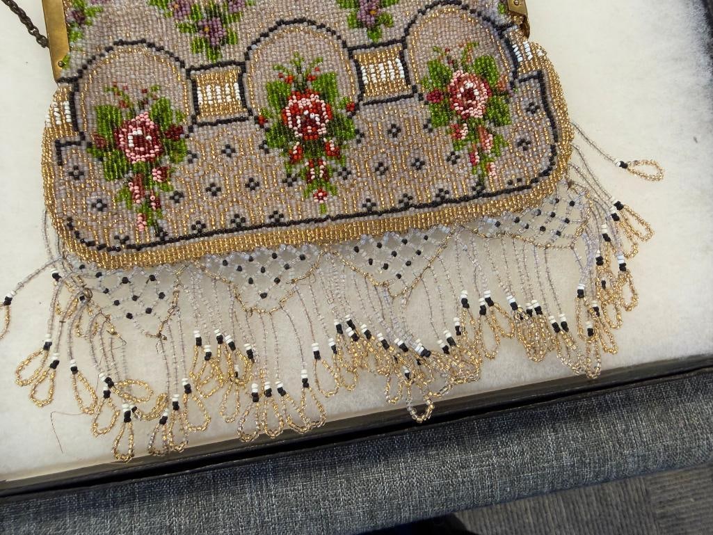 VINTAGE WALBORG BEADED PURSE AND GLASS BEADED PURSE WITH BEADED LACE FRINGE - 5