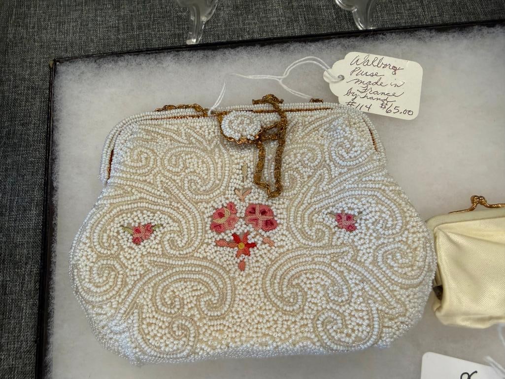 VINTAGE WALBORG BEADED PURSE AND GLASS BEADED PURSE WITH BEADED LACE FRINGE - 7