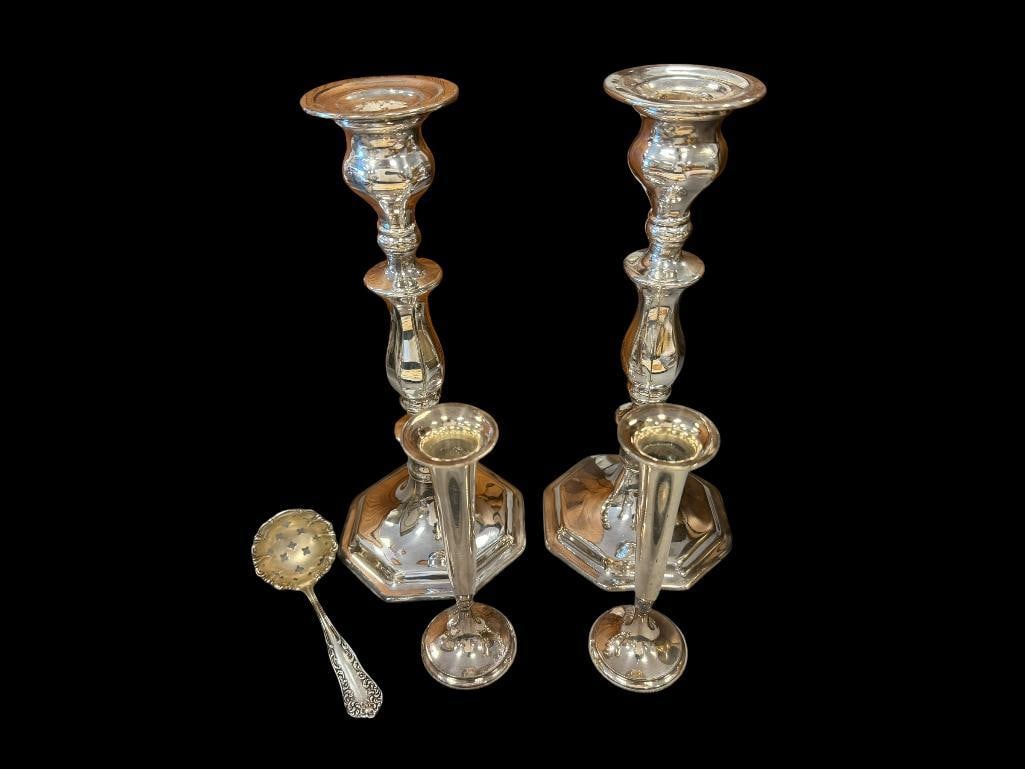 TWO PAIRS OF SILVERPLATE CANDLESTICK HOLDERS INCLUDING JENNINGS BROS. FLUTED CANDLESTICKS (1 of 4)