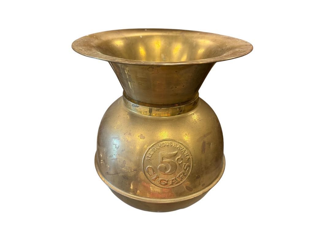 ALL FAMOUS HAVANA 5 CENT CIGARS BRASS SPITTOON: 10 1/2" H