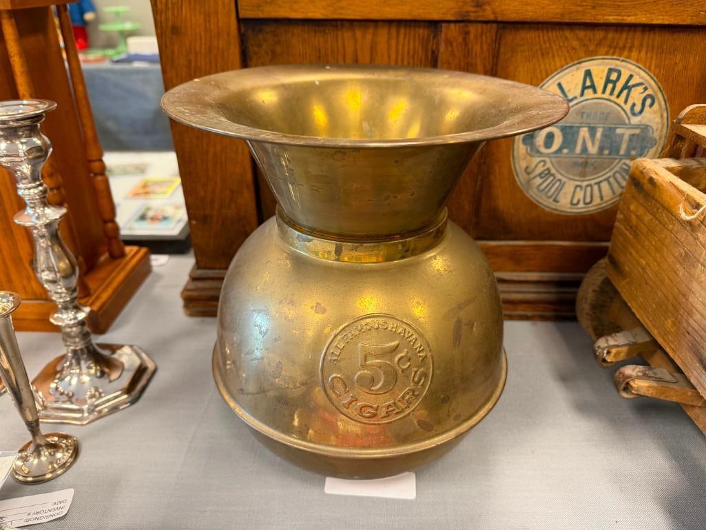 ALL FAMOUS HAVANA 5 CENT CIGARS BRASS SPITTOON - 2