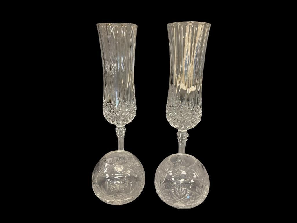 CRISTAL DE ARQUES CHAMPAGNE FLUTES AND PAIR OF SCOTLAND CRYSTAL MINIATURE FLOWER BOWLS (1 of 11)