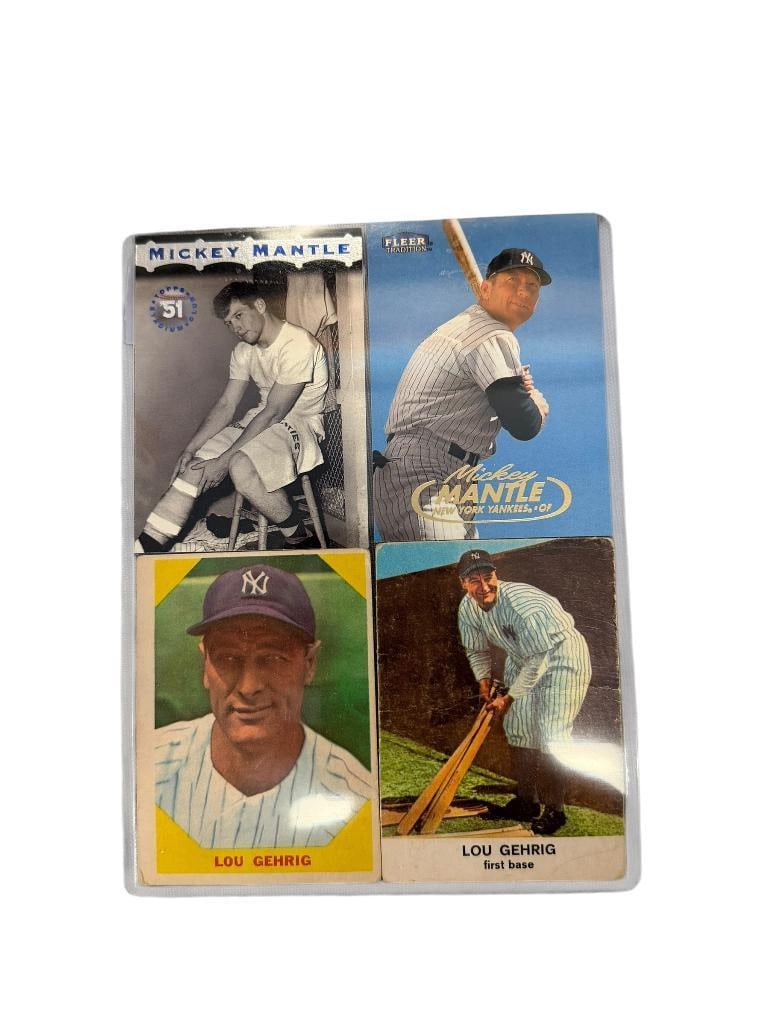 MICKEY MANTLE AND LOU GEHRIG HALL OF FAMERS BASEBALL CARDS: LOU GEHRIG 1961 GOLDEN PRESS #16 AND 1960 FLEER CARDS, MICKEY MANTLE 1998 FLEEER #536 AND 1996 TOPPS #MM3
