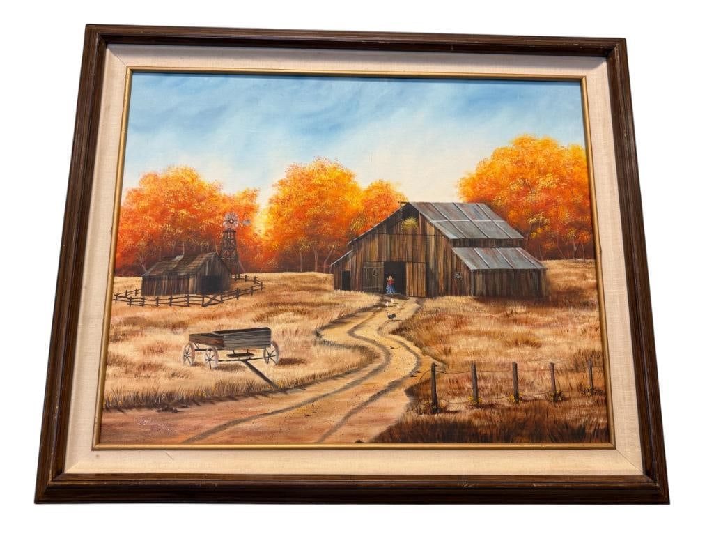 JOY SIGNED ORIGINAL OIL ON CANVAS PAINTING DEPICTING A FARM IN THE FALL (1 of 7)