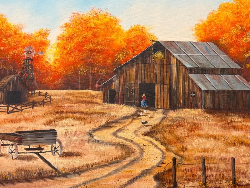 JOY SIGNED ORIGINAL OIL ON CANVAS PAINTING DEPICTING A FARM IN THE FALL - 2