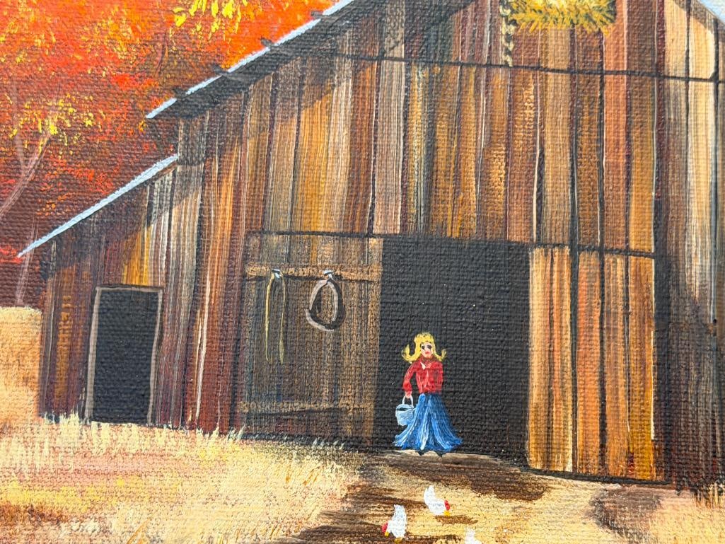 JOY SIGNED ORIGINAL OIL ON CANVAS PAINTING DEPICTING A FARM IN THE FALL - 3