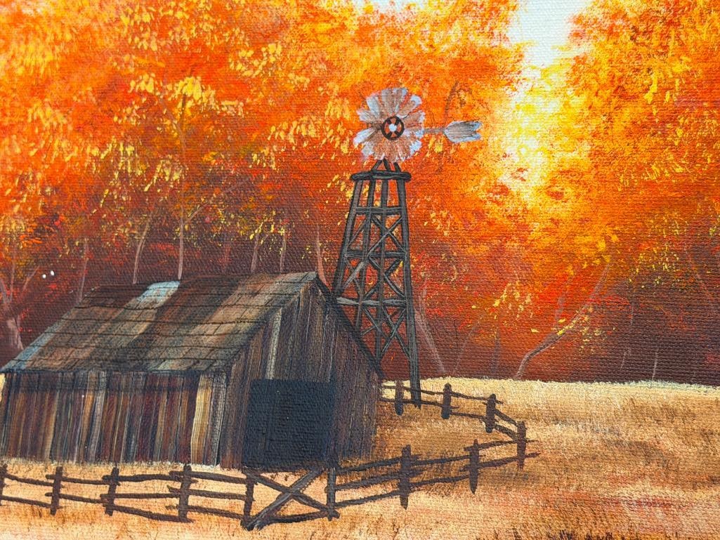JOY SIGNED ORIGINAL OIL ON CANVAS PAINTING DEPICTING A FARM IN THE FALL - 4