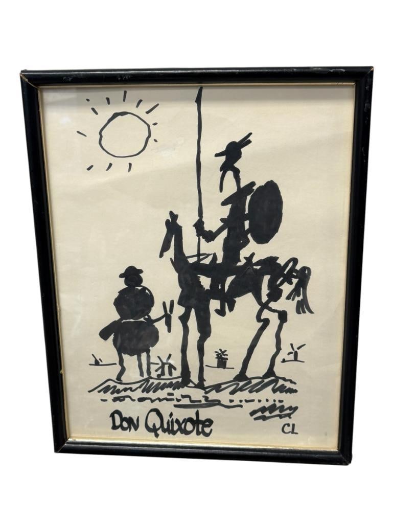 PABLO PICASSO WORLD RENOWN ARTIST PRINT OF A FAMOUS SKETCH DON QUIXOTE AND SIDEKICK SANCHO PANZA: SKETCH WAS CREATED FOR THE FRENCH WEEKLY JOURNAL LES LETTRES FRANCAISES TO CELEBRATE 350TH ANNIVERSARY OF MIGUEL DE CERVANTES NOVEL, FRAMED 12" X 14" FRAME