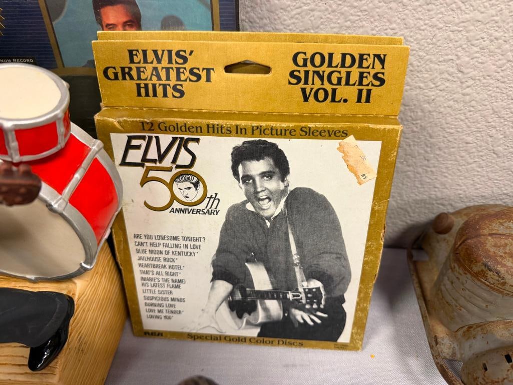 ELVIS COLLECTIBLES ELVIS GREATEST HITS VOL I & II DECANTER, PORCELAIN FIGURINE AND KENTUCKY RAIN 45 - 10