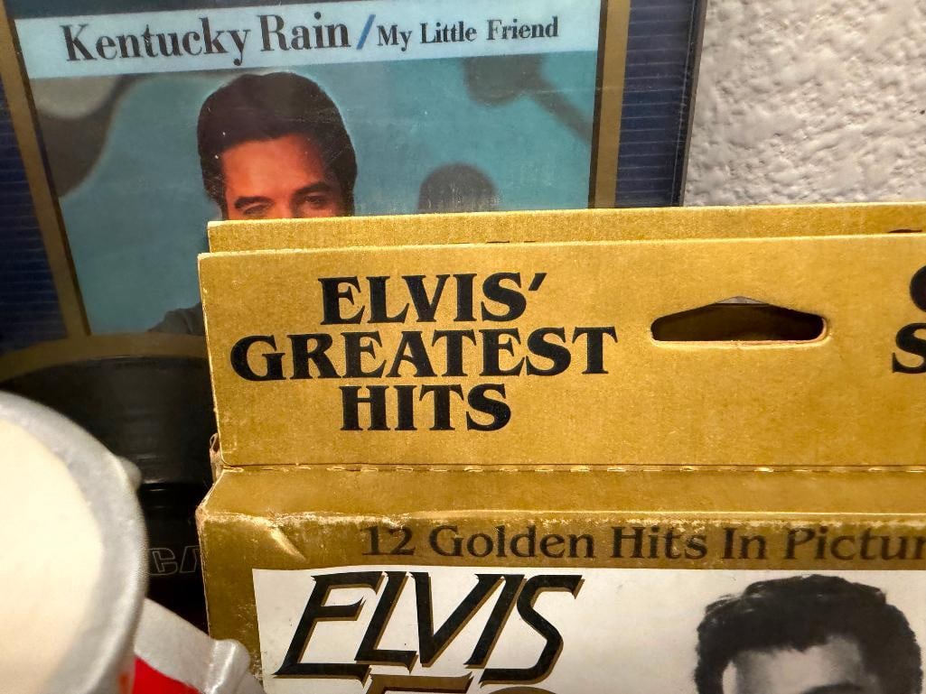 ELVIS COLLECTIBLES ELVIS GREATEST HITS VOL I & II DECANTER, PORCELAIN FIGURINE AND KENTUCKY RAIN 45 - 11