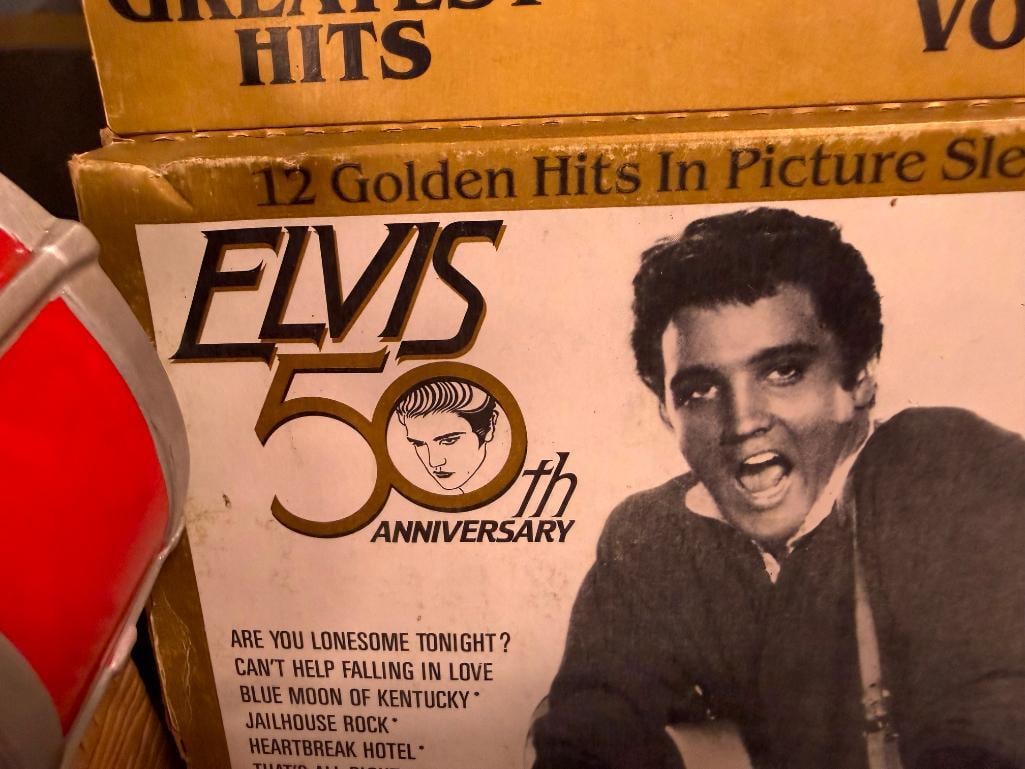 ELVIS COLLECTIBLES ELVIS GREATEST HITS VOL I & II DECANTER, PORCELAIN FIGURINE AND KENTUCKY RAIN 45 - 13