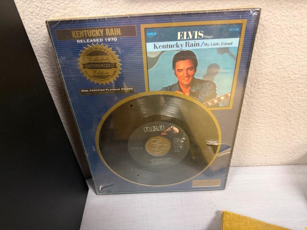 ELVIS COLLECTIBLES ELVIS GREATEST HITS VOL I & II DECANTER, PORCELAIN FIGURINE AND KENTUCKY RAIN 45 - 14