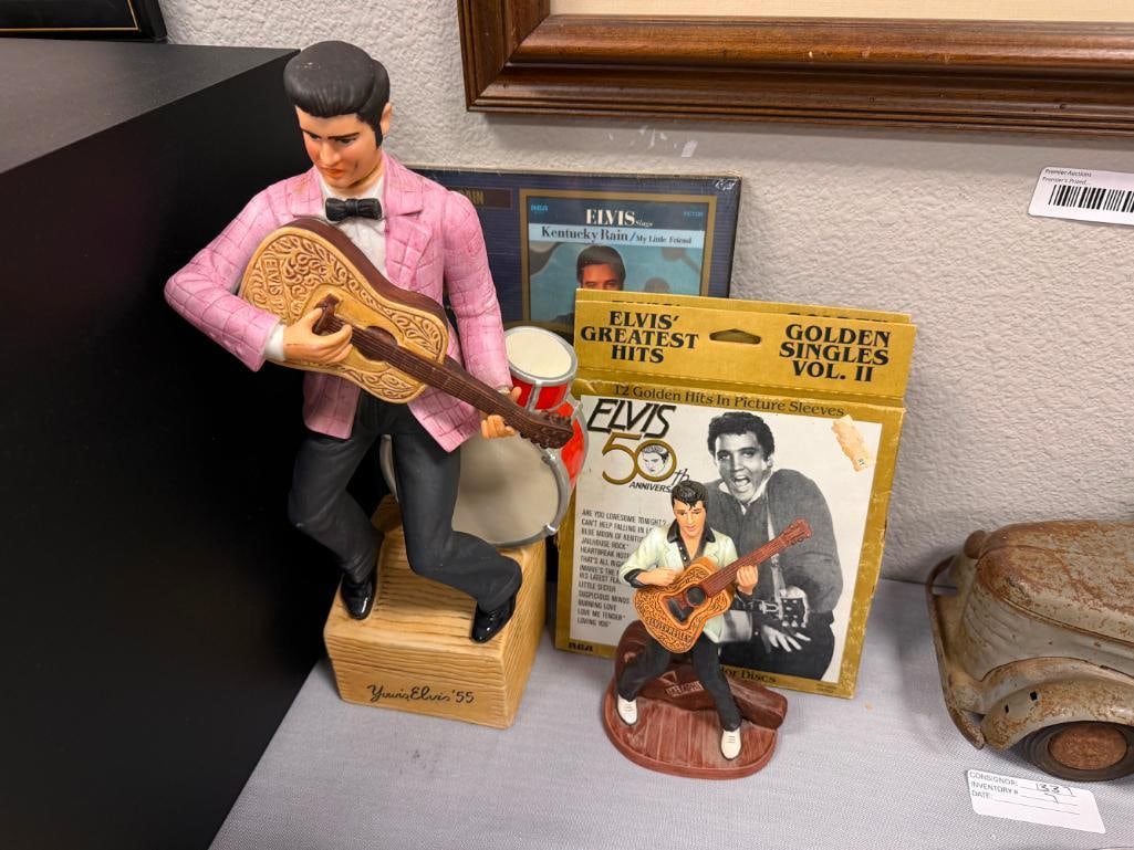 ELVIS COLLECTIBLES ELVIS GREATEST HITS VOL I & II DECANTER, PORCELAIN FIGURINE AND KENTUCKY RAIN 45: 6 3/4" FIGURINE AND 14 1/4" DECANTER