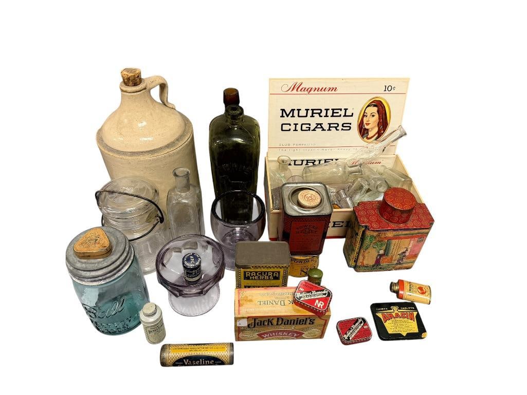 COLLETION OF VINTAGE AND ANTIQUE BOTTLES AND TINS CANING JARS, APOTHECARY BOTTLES, SUN PURPLED GL... (1 of 9)