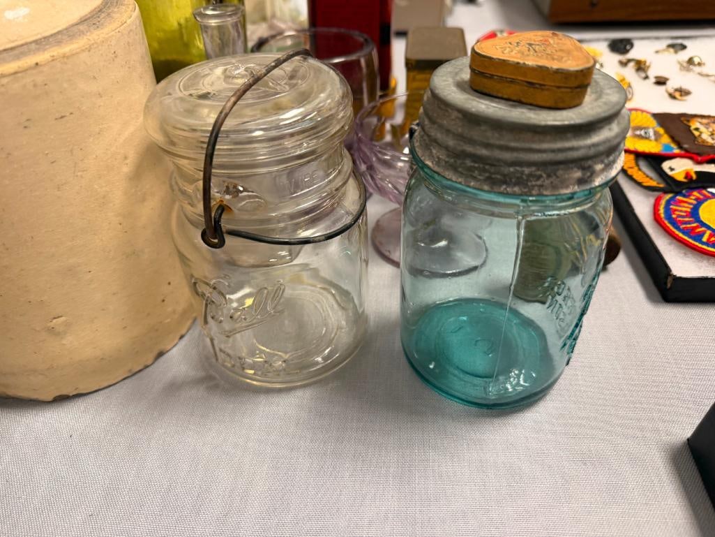 COLLETION OF VINTAGE AND ANTIQUE BOTTLES AND TINS CANING JARS, APOTHECARY BOTTLES, SUN PURPLED GL... - 5
