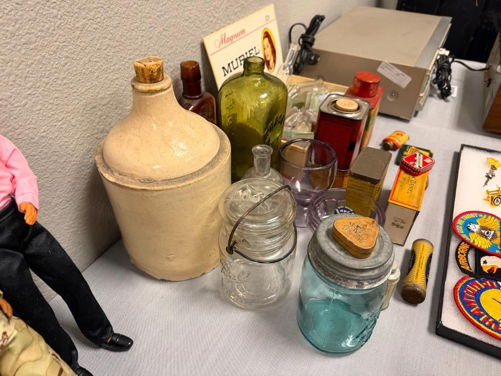 COLLETION OF VINTAGE AND ANTIQUE BOTTLES AND TINS CANING JARS, APOTHECARY BOTTLES, SUN PURPLED GL... - 6