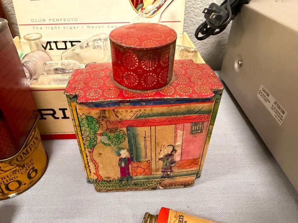 COLLETION OF VINTAGE AND ANTIQUE BOTTLES AND TINS CANING JARS, APOTHECARY BOTTLES, SUN PURPLED GL... - 9