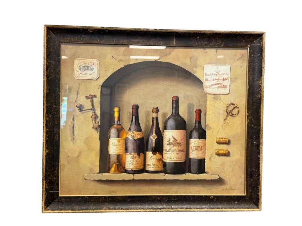 FABRICE DE VILLENEUVE PRINT TITLED UN AUTRE REGARD CHATEAUX MARGAUX: ART DEPICTS STILL-LIFE OF WINE IN AN OPENING INT HE WALL, PLATE SIGNED LOWER RIGHT, FRAMED 22 1/2" X 18 1/4" FRAME