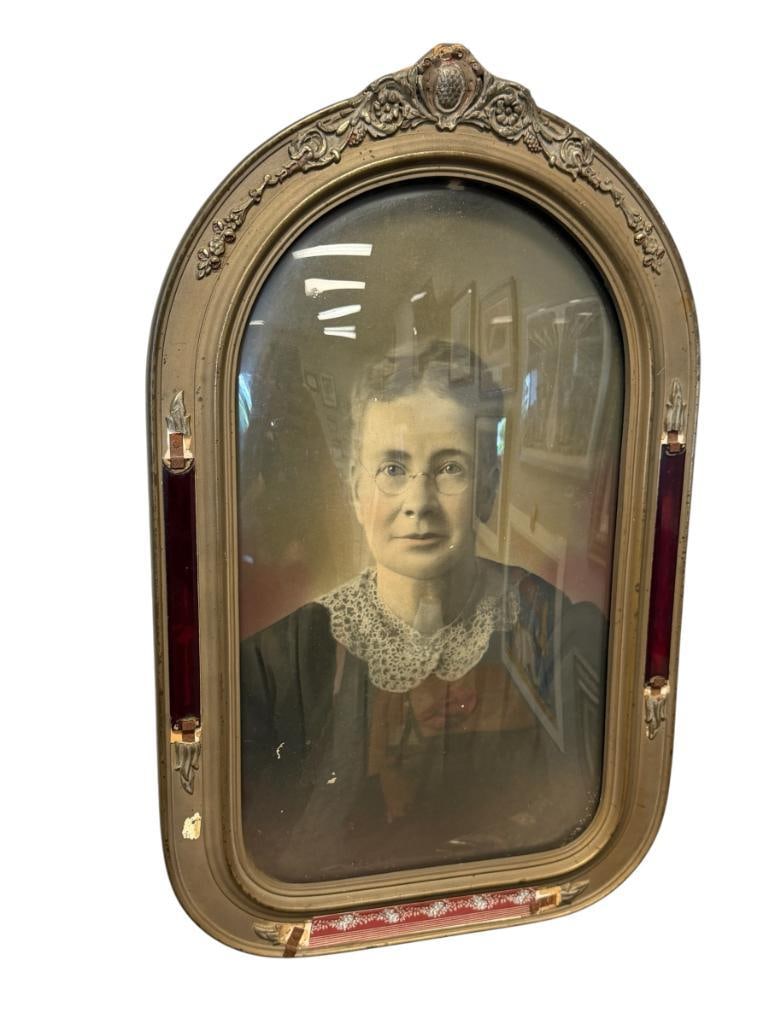 1924 CHICAGO PORTRAIT COMPNAY HAND COLORED PHOTOGRAPH WITH CONVEX GLASS: PORTRAIT OF OLDER WOMAN, FRAME AND BACK ARE STAMPED WITH MANUFACTURE MARKS, FRAMED 14 1/2" X 23 1/2" FRAME 