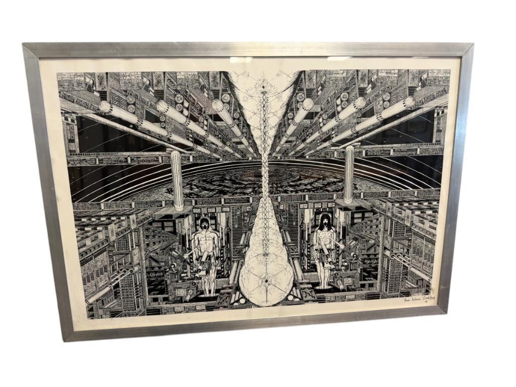 RONALD BAUM INTRICATE BLACK AND WHITE ILLUSTRATION FUTURISTIC CITYSCAPE CIRCA 1970'S (1 of 10)