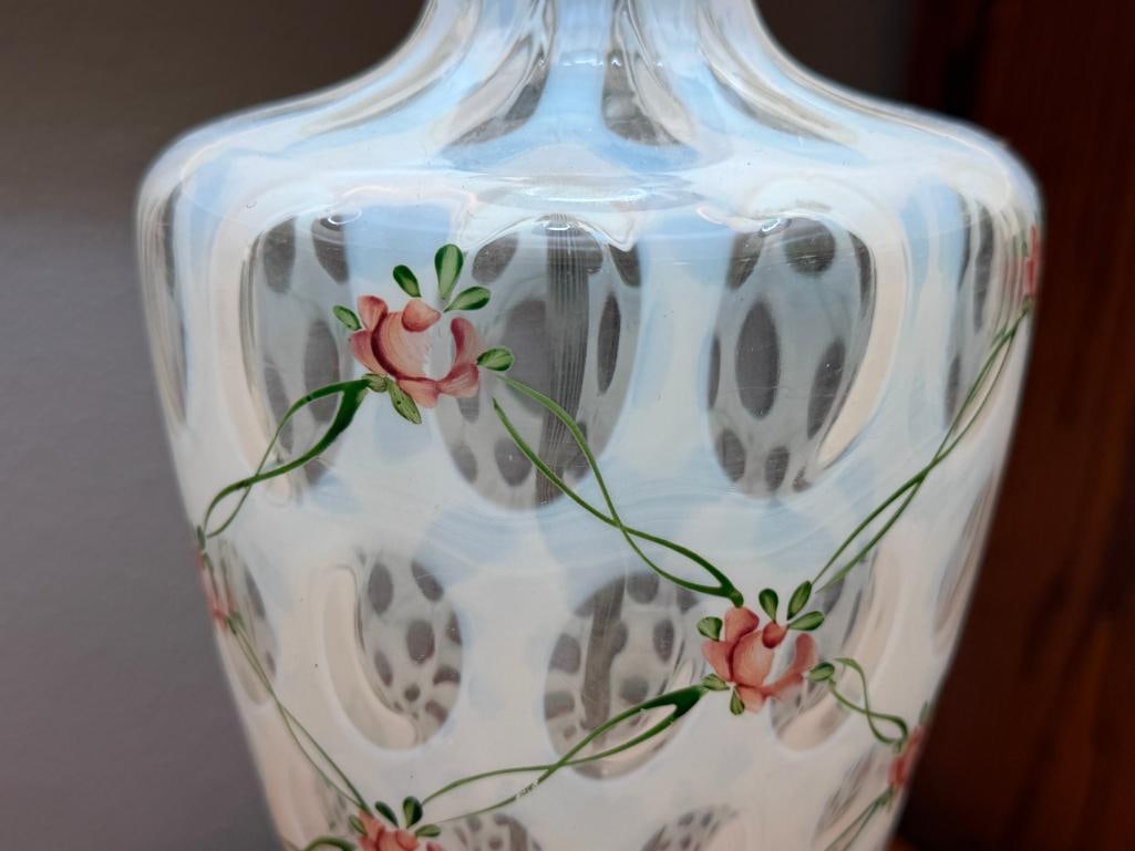 FENTON COIN DOT FRENCH OPALESCENT GLASS LAMP HAND PAINTED ROSE DESIGN CHARLETON ROSE STYLE - 2