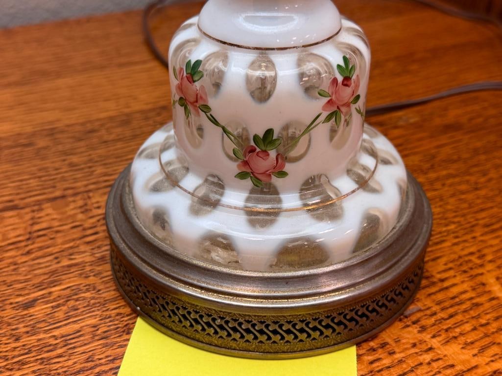 FENTON COIN DOT FRENCH OPALESCENT GLASS LAMP HAND PAINTED ROSE DESIGN CHARLETON ROSE STYLE - 3