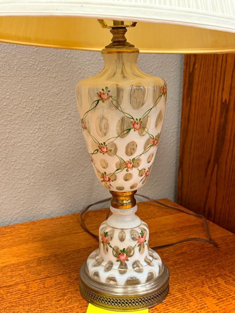 FENTON COIN DOT FRENCH OPALESCENT GLASS LAMP HAND PAINTED ROSE DESIGN CHARLETON ROSE STYLE - 5