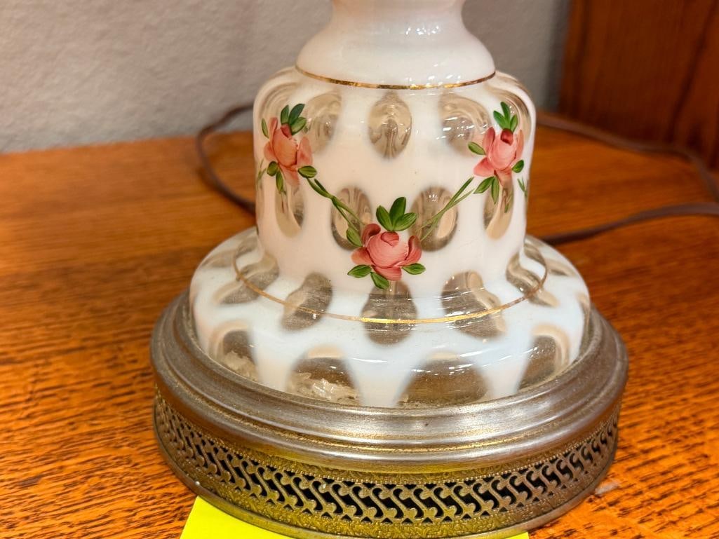 FENTON COIN DOT FRENCH OPALESCENT GLASS LAMP HAND PAINTED ROSE DESIGN CHARLETON ROSE STYLE - 6